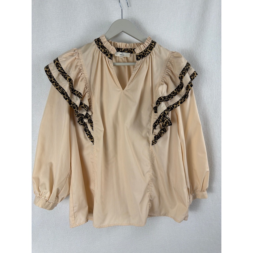 Entro Womens Tan Ruffled Leopard Trim Blouse V-Neck Long Sleeve Top Sz M Animal